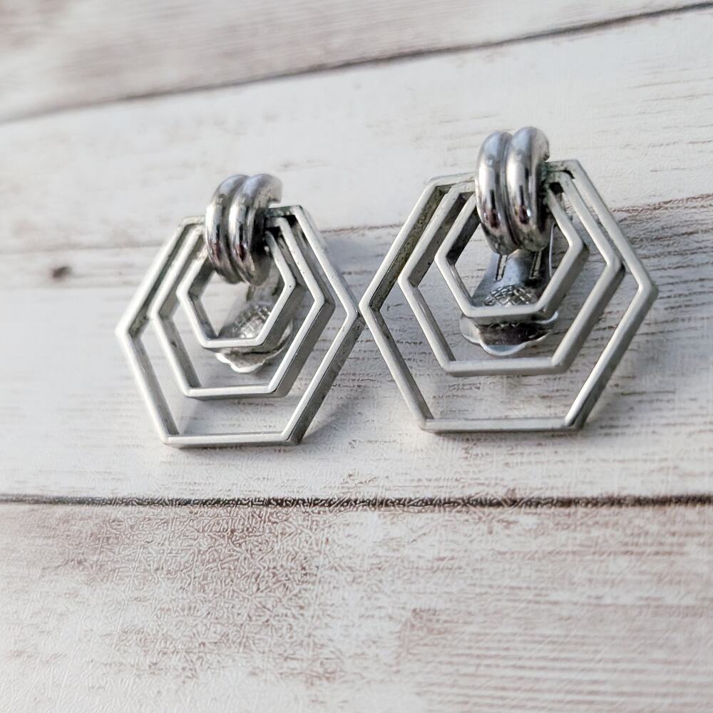 Vintage Clip On Earrings Silver Tone Geometric Large Statement - Picture 3 of 5